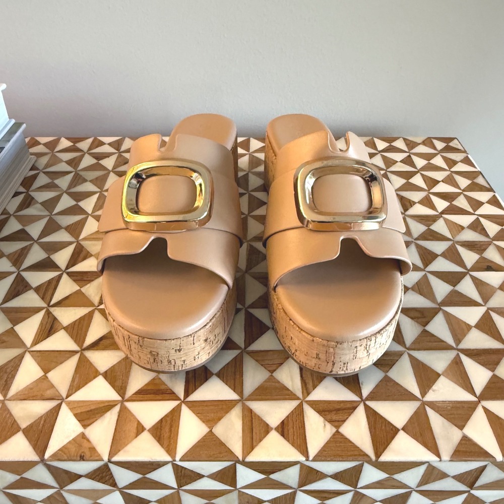 Coutgo Tan Faux Leather Cork Platform Slide Sandals Gold Buckle H4D359 Size 7.5